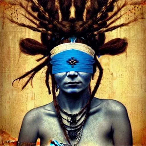 Image similar to A young blindfolded shaman woman with a decorated headband, in the style of heilung, blue hair dreadlocks and wood on her head., made by karol bak