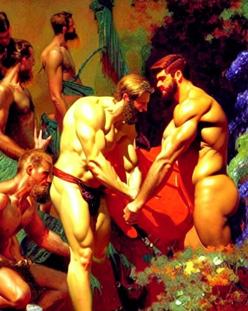 Image similar to muscular zeus watches closely as a handsome, attractive male doctor performs surgery on a patient, bright colors, painting by gaston bussiere, craig mullins, j. c. leyendecker