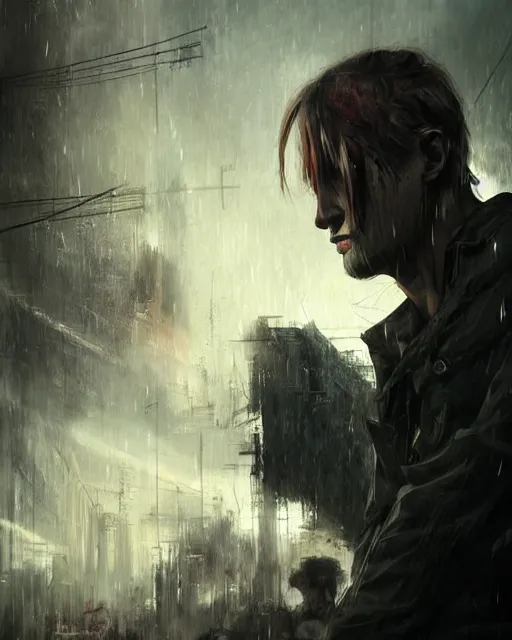 Prompt: battle hardened charismatic, rugged leon kennedy, face centered portrait, confident, ruined cityscape, zombies, fog, rain, volumetric lighting, soft light particles floating near her, illustration, perfectly shaded, soft painting, art by krenz cushart and wenjun lin