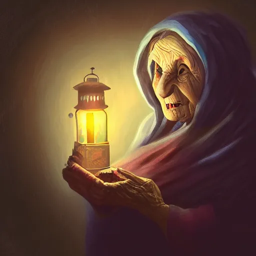 Prompt: scary old woman holding a lantern at night near a cave, digital painting, fish eye lens, detailed, appealing, colour theory, by zeenchin