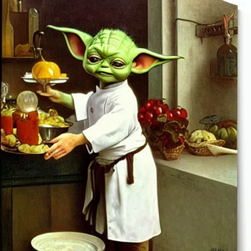 Image similar to baby yoda as a chef wearing a white apron and wearing a white chef's hat, by Jan van Eyck, by alphonse mucha