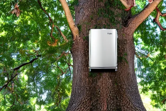 Prompt: a refrigerator in a tree