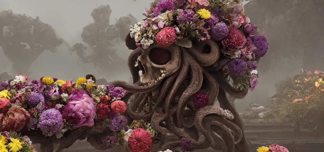 Prompt: flowers on an octopus in the shape of a skull surrounded by flowers at dawn, foggy, cinematic shot, photo still from movie by denis villeneuve, wayne barlowe