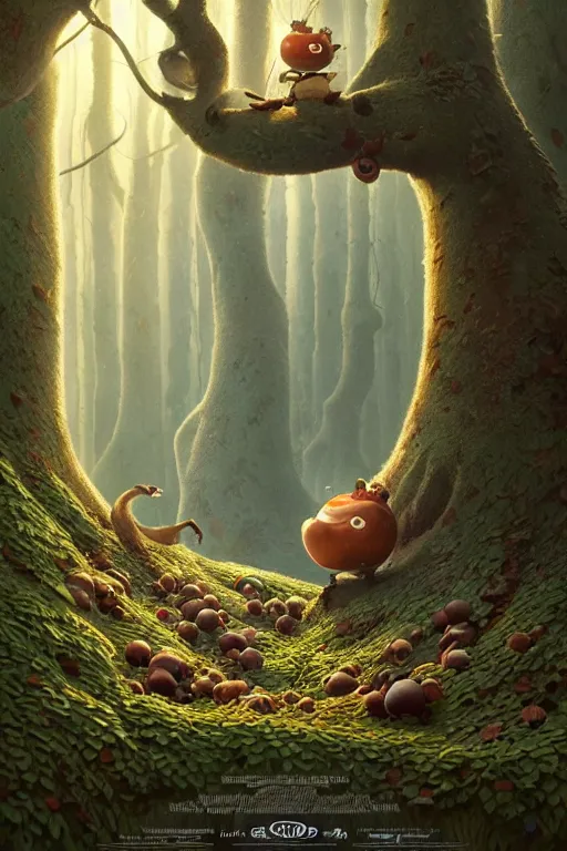 Image similar to round antropomorphic acorn forest adventure movie, cerebri movie poster, by james jean, greg rutkowski, anato finnstark. pixar. hyper detailed, 5 0 mm, award winning photography