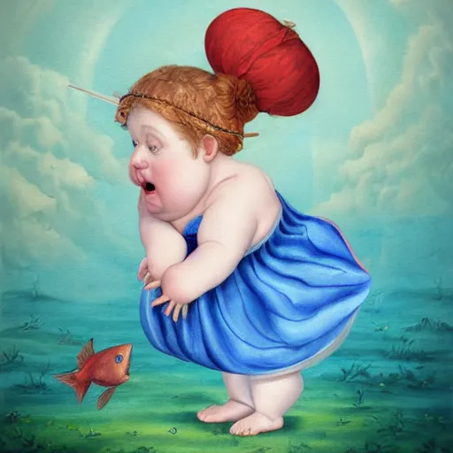 Image similar to a stylize oil painting in renaissance style of a very sweet little fat girl kissing a huge colorful cute fish. red mouth, blue eyes. flowery dress. hyper realistic scene. 3 d, octane render, deep focus, white scene. very funny and sweet image. unreal engine. watercolor. fellini style. poster quality. da vinci painting style. pencil illustration.