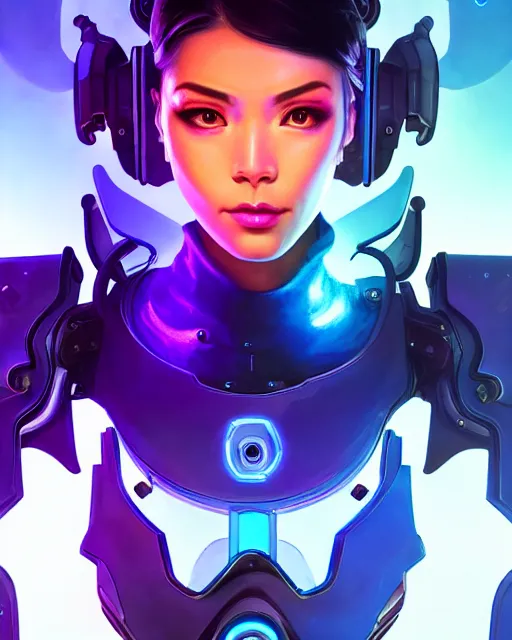 Prompt: echo from overwatch, cyber wings, thai, android, blue holographic face, glass face, transparent face, elegant, colorful, fantasy, fantasy art, character portrait, portrait, close up, highly detailed, intricate detail, amazing detail, sharp focus, vintage fantasy art, vintage sci - fi art, radiant light, caustics, by boris vallejo