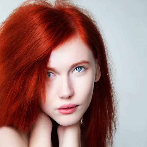 Image similar to portrait of a plain looking young white female model red hair and uneven skintone and a round shaped face