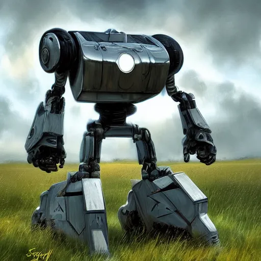 Image similar to A giant stainless steel mech robot in a field, beautiful, cool dynamic lighting, atmospheric, cinematic, highly detailed digital art, painted by Scott Musgrove