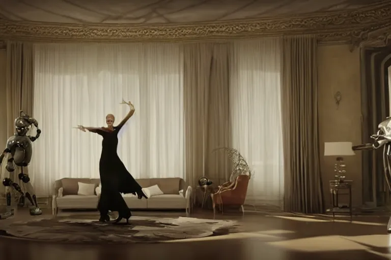 Image similar to VFX movie of old woman dancing with futuristic robot in a decadent living room by Emmanuel Lubezki