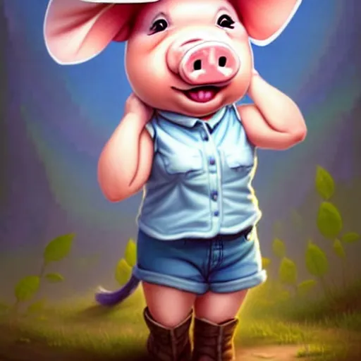 Image similar to cute little anthropomorphic funny female pig wearing shorts, a sunhat, boots and a pale blue shirt!! tiny!! fully clothed!!! small, short, cute and adorable, character art portrait, matte fantasy painting, deviantart artstation, by jason felix by steve argyle by tyler jacobson by peter mohrbacher, cinema