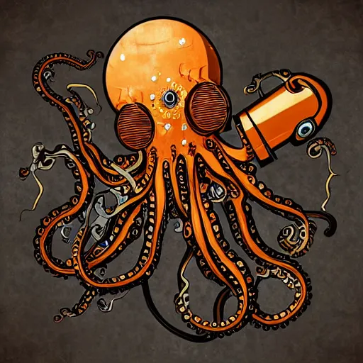 Image similar to steampunk octopus with headphones playing synthesizers, lights, lasers, music, highly detailed, realistic,