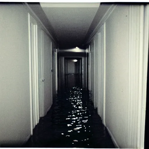 Image similar to a flooded hotel hallway at night, dark, dim, no light, underexposed, old polaroid,