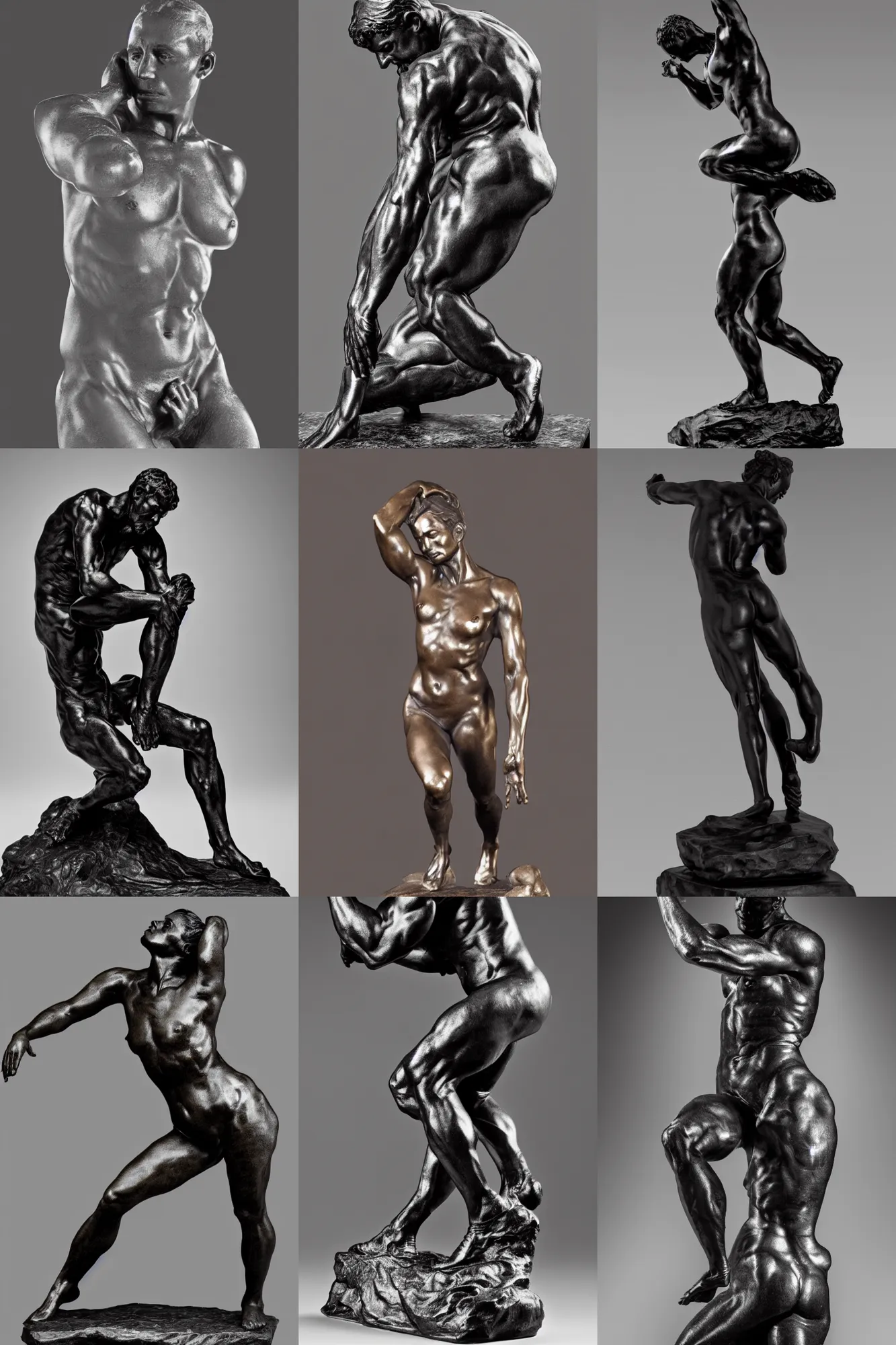 Prompt: black and white photo rodin bronze figure . Full body shot; hyper realism dramatic lighting, high detail 4K