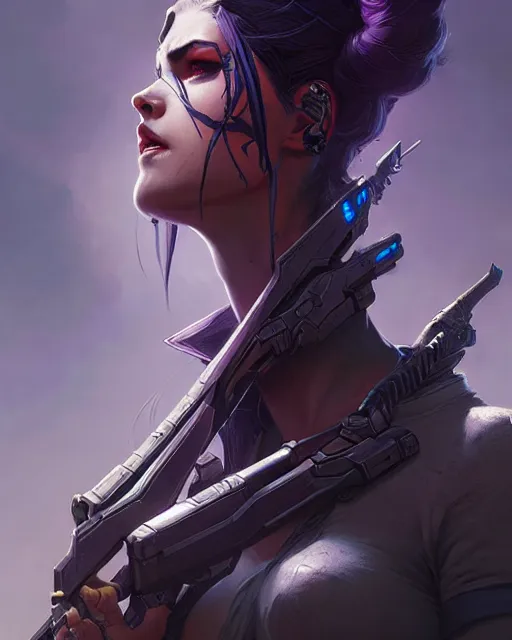 Image similar to widowmaker from overwatch, character portrait, concept art, intricate details, highly detailed by greg rutkowski, michael whelan and gustave dore