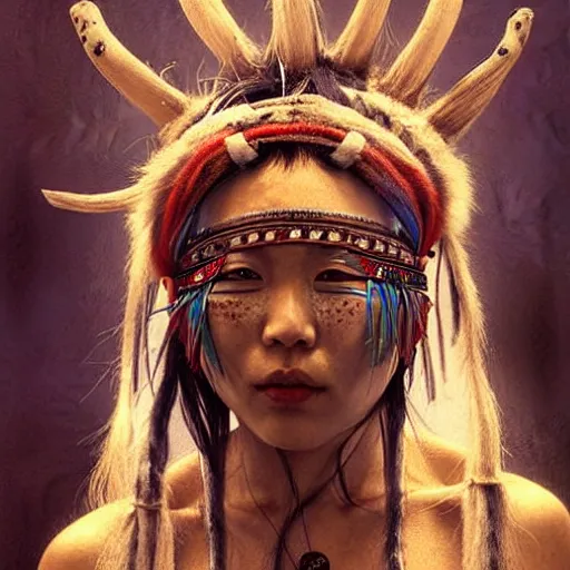 Image similar to A young blindfolded shaman japanese woman with a decorated headband performing a pagan ritual, in the style of heilung, blue hair dreadlocks and wood on her head, tribal piercing and tatoos , atmospheric lighting, intricate detail, cgsociety, ambient light, dynamic lighting, art by karol bak