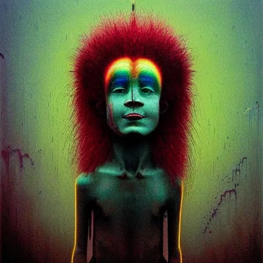 Image similar to rainbow troll doll by beksinski, banksy and tristan eaton, dark neon trimmed beautiful dystopian digital art