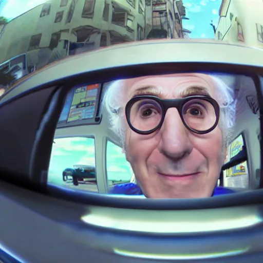 Image similar to larry david in his 2 0 0 9 prius, fisheye lens, anime style, anime