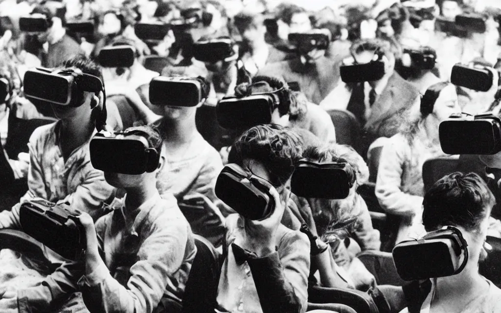 Prompt: 1 9 0 0 s photo of people using iphones ipods virtual reality headsets vr in a movie theater