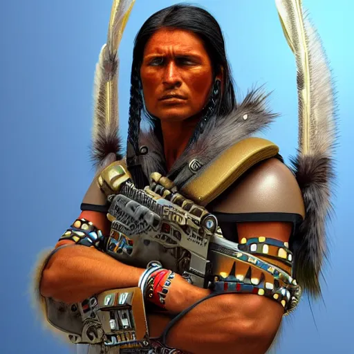 Image similar to a aztec/native american cybernetic mercenary in the style of Jean Giraud Photorealistic HD 8k highlights and shadow detailed High Resolution