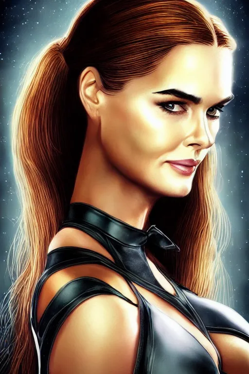 Image similar to portrait of a mix of beautiful young maria shriver, mariel hemmingway, brooke shields, nicole kidman and elle macpherson as catwoman, thin lips, hair tied up in a pony tail, colorful artstation, cgsociety