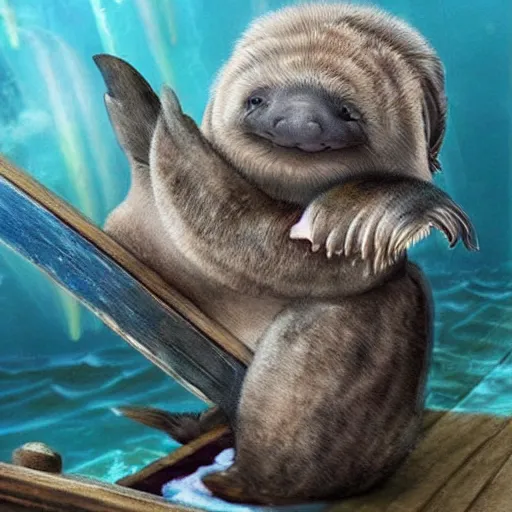 Image similar to incredibly fantastically stupendously exagerratedly fluffy incredibly tiny winged pygmy baby manatee platypus hybrid being cradled by a pirate captain the deck of his ship, realistic, fantasy, pet, adorable, national geographic