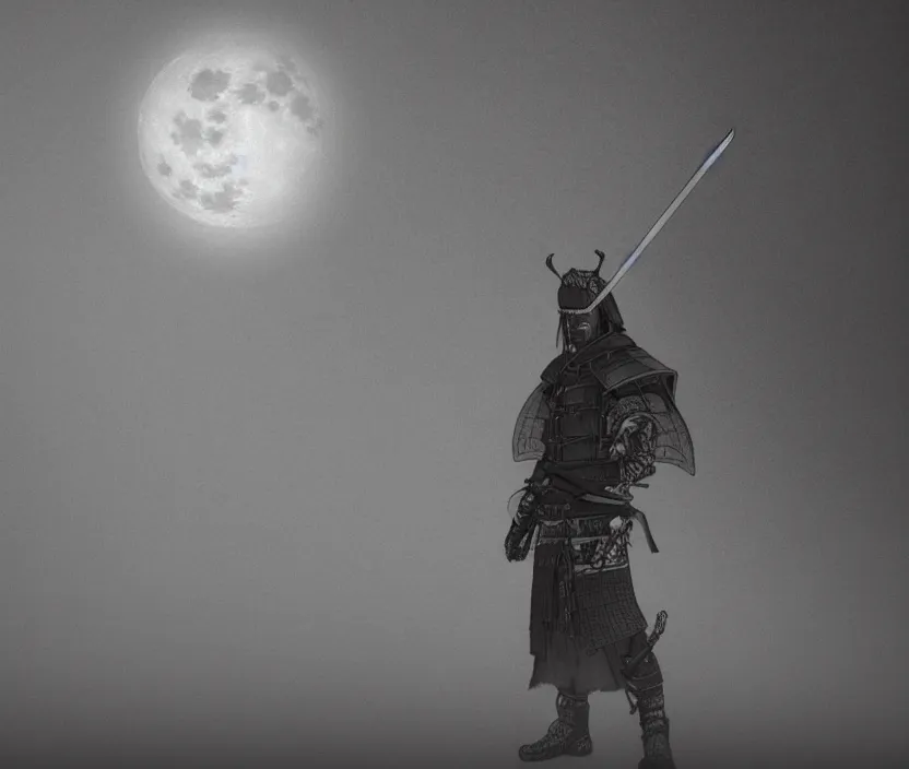 Prompt: '2d design graphic a samurai in the night ,big white moon background , gloomy and foggy atmosphere, octane render, artstation trending, horror scene, highly detailded style of Moebius, black and white ink '