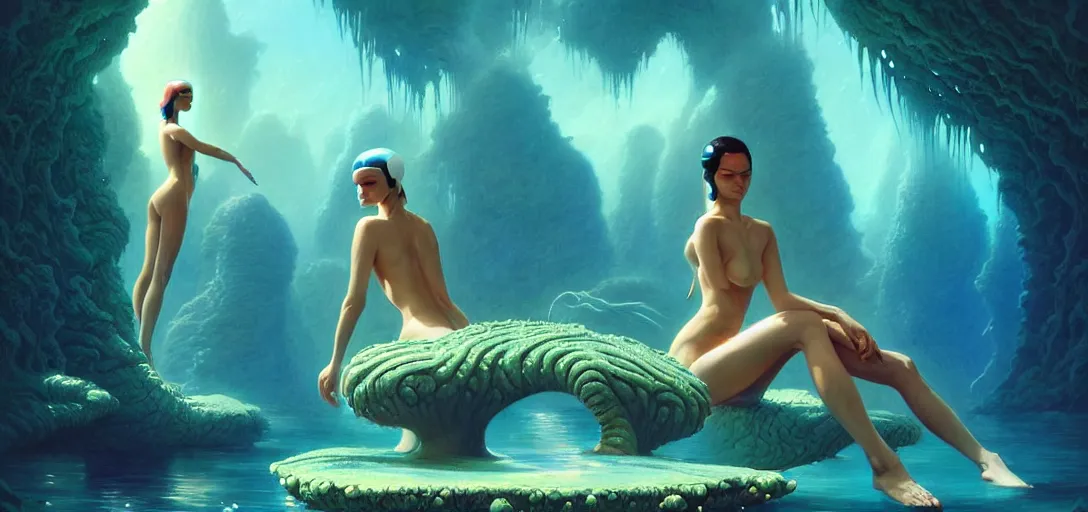 Image similar to beautiful alien women bathing in luminous water in the style of roger dean and stefan kostic, realistic, photoreal, sharp focus, 8 k high definition, insanely detailed, intricate, elegant, art by greg rutkowski and artgerm, extreme blur coral reef background