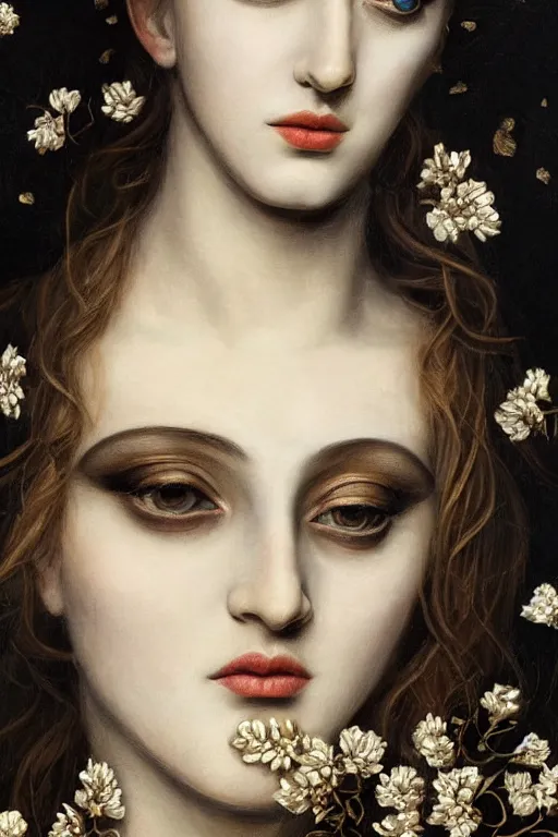 Prompt: hyperrealism close - up mythological portrait of a beautiful medieval woman's shattered face blended with black flowers in style of classicism using the fibonacci golden ratio, pale skin, ivory make up on the eyes, wearing black silk robe, dark and dull palette