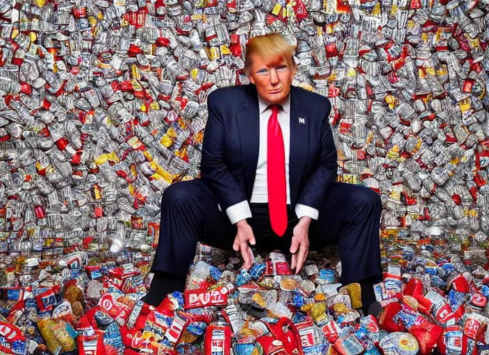 Image similar to portrait photo of donald trump sitting next to a table covered in mcdonald's wrappers and diet coke cans, studio lighting, key light, 8 k, 8 5 mm f 1. 8