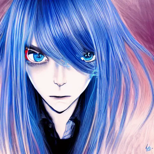 Prompt: high contrast photo of rimuru tempest, sky blue straight hair, bangs, with amber eyes, wearing a black jacket, high collar, ultra detailed, brush strokes, skin texture, digital painting, psychedelic, film still, wlop, pixiv, eerie, swirly, intimidating glare, evil, junji ito, yoshitaka amano