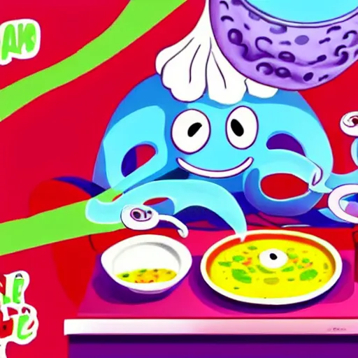 Image similar to anthropomorphic octopus chef cooking a delicious colorful soup, digital painting, youtube video thumbnail