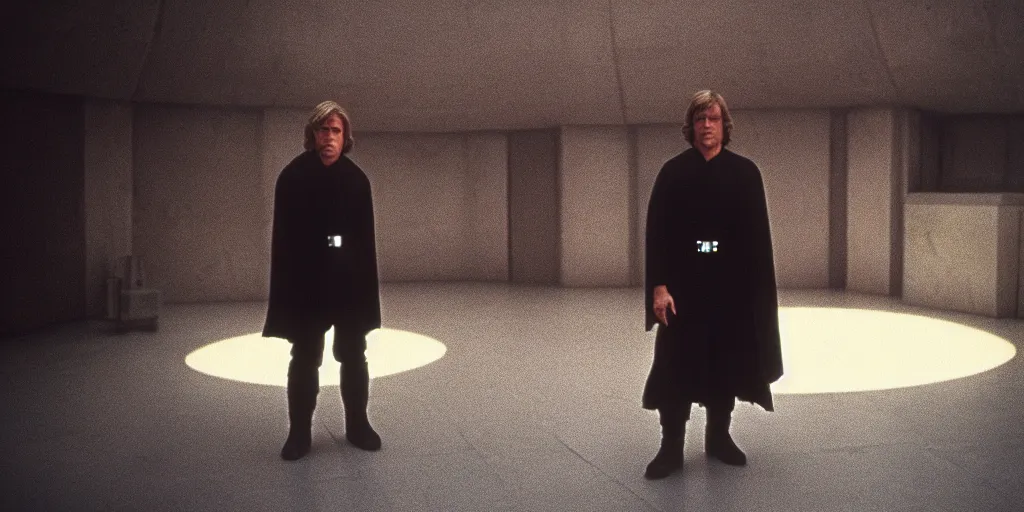 Image similar to screenshot of master Luke Skywalker played by Mark Hammil standing alone in the Jedi Temple, 1970s thriller by Stanely Kubrick film, color kodak, ektochrome, anamorphic lenses, detailed faces, hyper realistic, photoreal, detailed portrait, moody cinematography, strange lighting