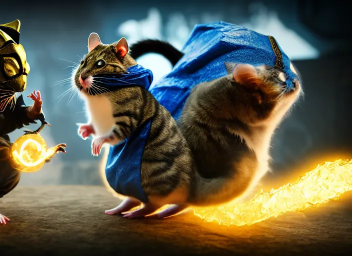 Image similar to hamster dressed as sub zero fights a cat dressed as scorpion in mortal kombat on the background of a laughing shao khan. fantasy magic style. highly detailed 8 k. intricate. lifelike. soft light. sony a 7 r iv 5 5 mm. unreal engine with nanite and path tracing