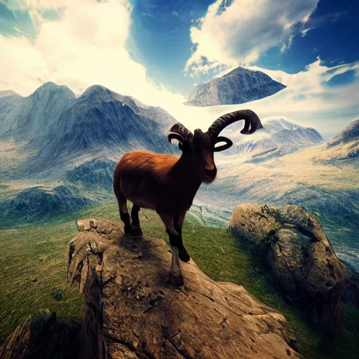 Prompt: half man half goat on a flying horse, clouds, mountains, epic, geek gods, volumetric lighting