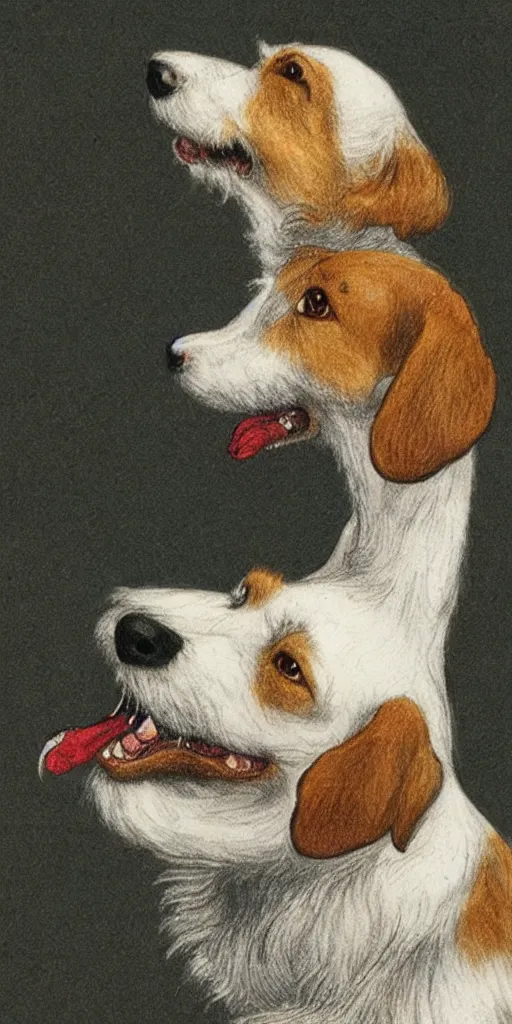 Image similar to jack russel dog looking up and howling with mouth open sad, highly detailed, side view, illustrated by peggy fortnum and beatrix potter and sir john tenniel