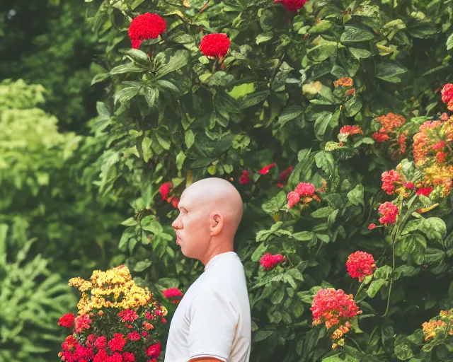 Image similar to 8 5 mm food photography of one punch man near a garden with sand with dof and bokeh and flowers o