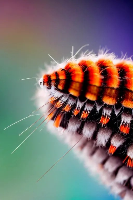 Image similar to high quality macro photo cute puss moth caterpillar! highly detailed hannah yata elson peter cinematic blue lighting high quality low angle hd 8k sharp shallow depth of field