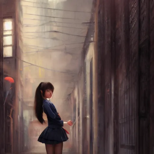 Image similar to a perfect, realistic professional oil painting of a Japanese schoolgirl posing in a dystopian alleyway, close-up, by a professional American senior artist on ArtStation, a high-quality hollywood-style concept