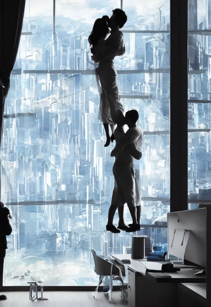 Image similar to wife hugging her husband that is working at his futuritic desk looking at the window with a futuristic city, highly detailed