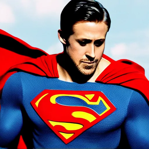 Image similar to Photo of Ryan Gosling as Superman, floating