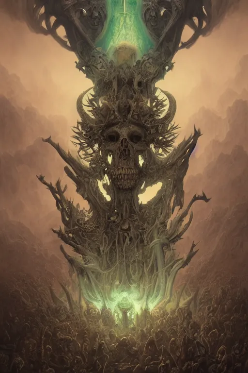 Prompt: gigantic demonic skull lord of death, fantasy painting, ultra realistic, wide angle, art nouveau, intricate details, rainbowshift, vivid colors, highly detailed by peter mohrbacher, h. r. giger, maxfield parrish, gaston bussiere, gustave dore, beksinski, craig mullins, octane render, cgi