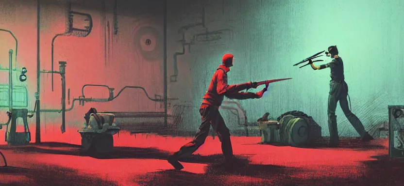 Prompt: handmade illustration of a duel with weapons in an industrial room, line art, octane render with volumetric lighting, miniatures by wes anderson, cedric peyraavernay, waste processing machinery, bladerunner, green and red radioactive swamp, by Remedios Varo and Anato Finnstark and Greg Rutkowski, dayglo pink, dayglo blue, by Craig Mullins, ilya kuvshinov, krenz cushart, artgerm, 8k, trending on ArtStation