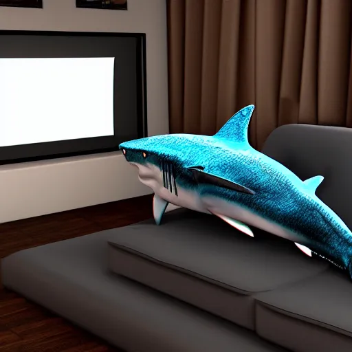 Prompt: realistic 3d render of a shark sitting on the couch watching tv octane cinema 4d