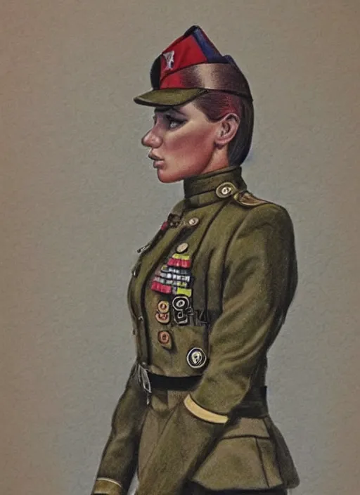 Image similar to full body detailed colored pencil drawing of a beautiful female military with a beautiful face wearing intricate clothing