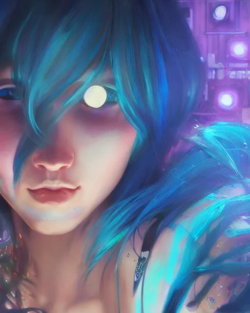 Image similar to pretty girl with blue hair, dj girl, in a club, laser lights background, sharp focus, digital painting, 8 k, concept art, art by wlop, artgerm, greg rutkowski and alphonse mucha