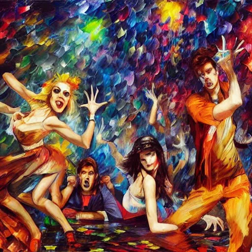 Image similar to rave dance party by arthur adams, charlie bowater, leonid afremov, chiho ashima, karol bak, david bates, tom chambers