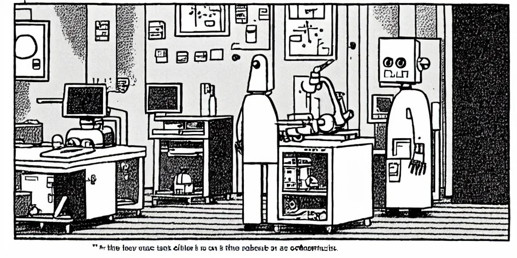 Prompt: single panel cartoon of two scientists assembling a killer robot, pen and ink, made by gary larson and tom gauld, gag comic.