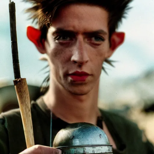 Image similar to close up headshot of a skinny high-fantasy elf with a long face narrow chin and spiky blonde hair wearing dark brown overalls and holding a bomb next to a destroyed car, gel spiked hair, high resolution film still, HDR color