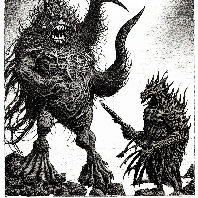 Image similar to オクタロック spitting rocks, as a d & d monster, pen - and - ink illustration, etching, by russ nicholson, david a trampier, larry elmore, 1 9 8 1, hq scan, intricate details, high contrast