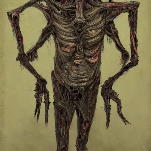 Prompt: digital art of a terrifying body horror humanoid creature created by james ensor goya, trevor henderson and tyedied